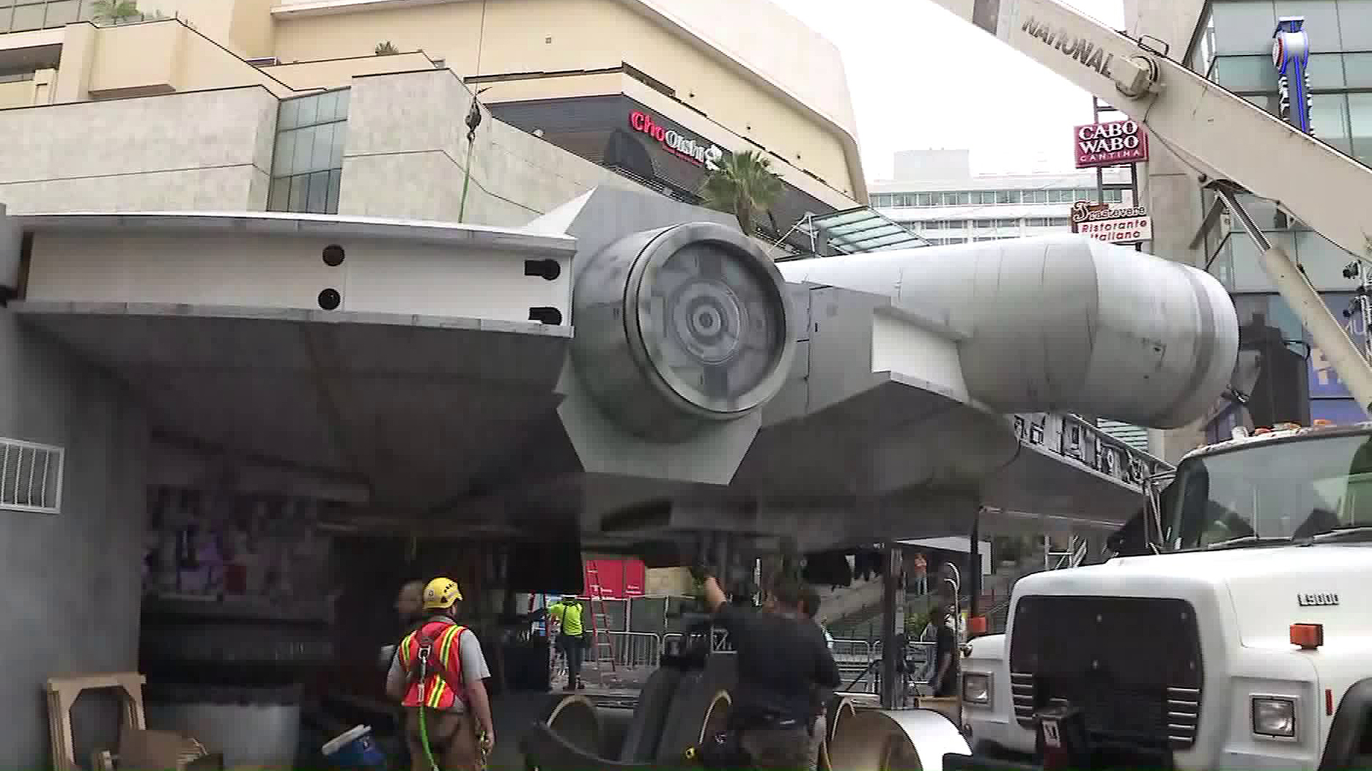 A replica of the Millennium Falcon is seen on Hollywood Boulevard on May 10, 2018. (Credit: KTLA)