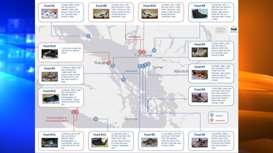 The British Columbia Coroner's office released a map of where the human feet were found in western Canada.