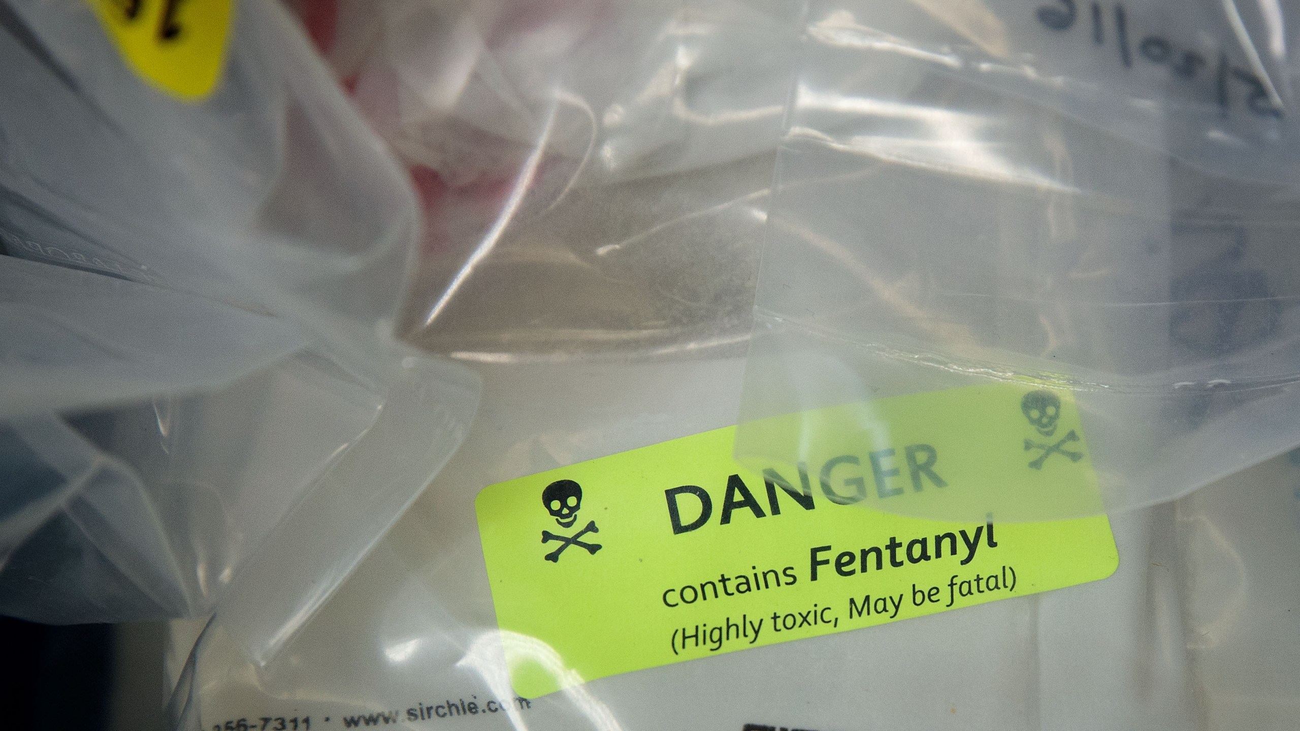 In this file photo, bags of heroin -- some laced with fentanyl -- are displayed before a news conference regarding a major drug bust in New York City on September 23, 2016. In California, fentanyl has showed up in drugs such as cocaine and meth. (Credit: Drew Angerer/Getty Images))