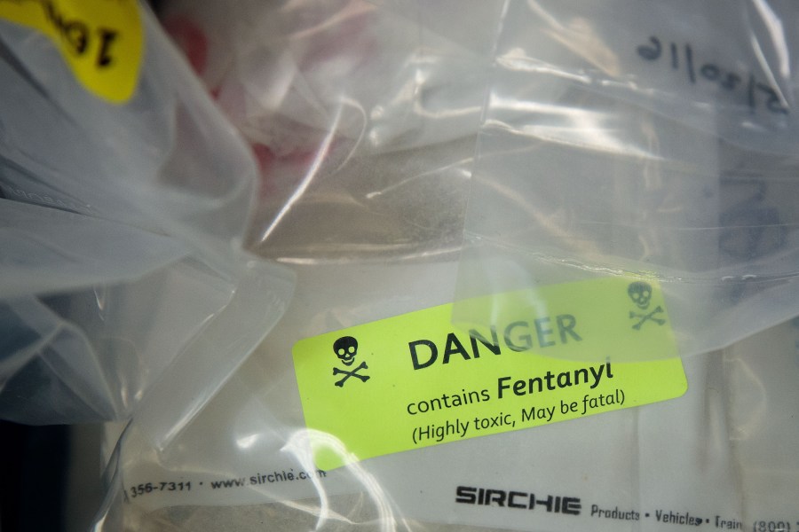 In this file photo, bags of heroin -- some laced with fentanyl -- are displayed before a news conference regarding a major drug bust in New York City on September 23, 2016. In California, fentanyl has showed up in drugs such as cocaine and meth. (Credit: Drew Angerer/Getty Images))