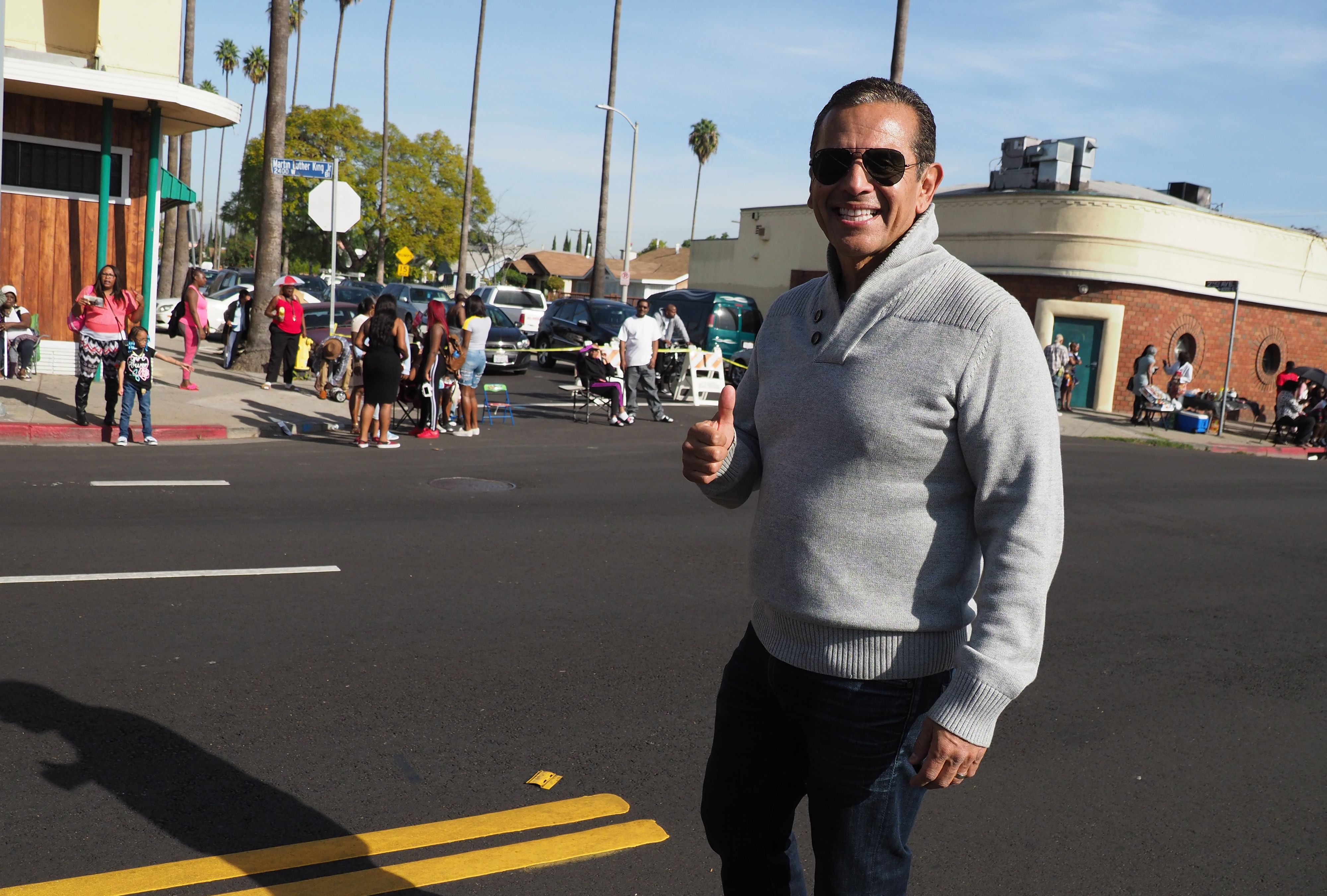 Former Los Angeles Mayor and candidate for governor Antonio Villaraigosa marches in the 33rd annual Kingdom Day Parade honoring Dr. Martin Luther King Jr. in Los Angeles on Jan. 15, 2018. (Credit: Robyn Beck/AFP/Getty Images)