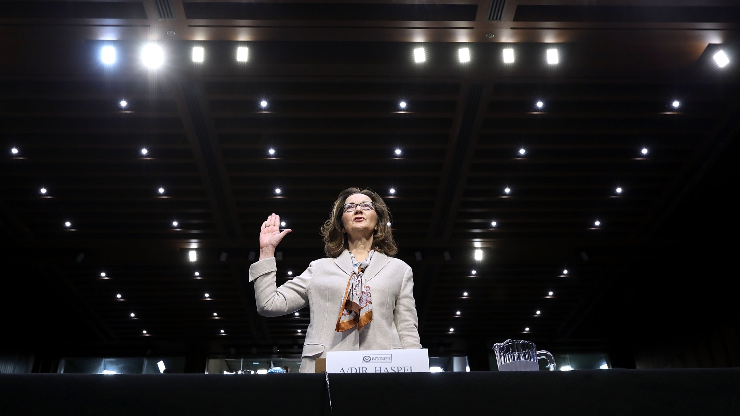 CIA Deputy Director Gina Haspel is sworn in before the Senate Intelligence Committee during her confirmation hearing to become the next CIA director in the Hart Senate Office Building May 9, 2018 in Washington, D.C. (Credit: Chip Somodevilla/Getty Images)