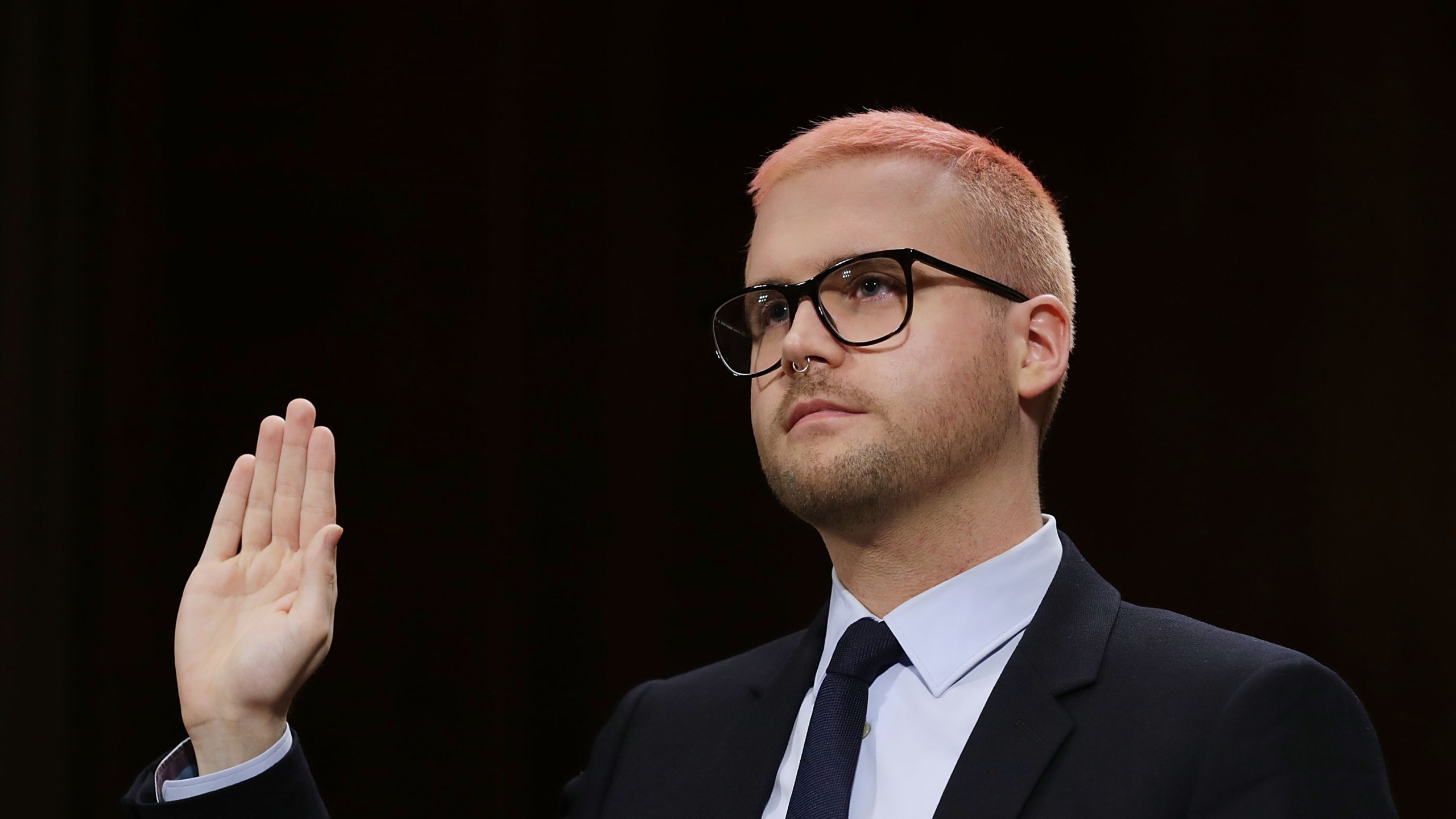 Former director of research for Cambridge Analytica Christopher Wylie is sworn in before testifying to the Senate Judiciary Committee on May 16, 2018, in Washington, D.C. (Credit: Chip Somodevilla/Getty Images)