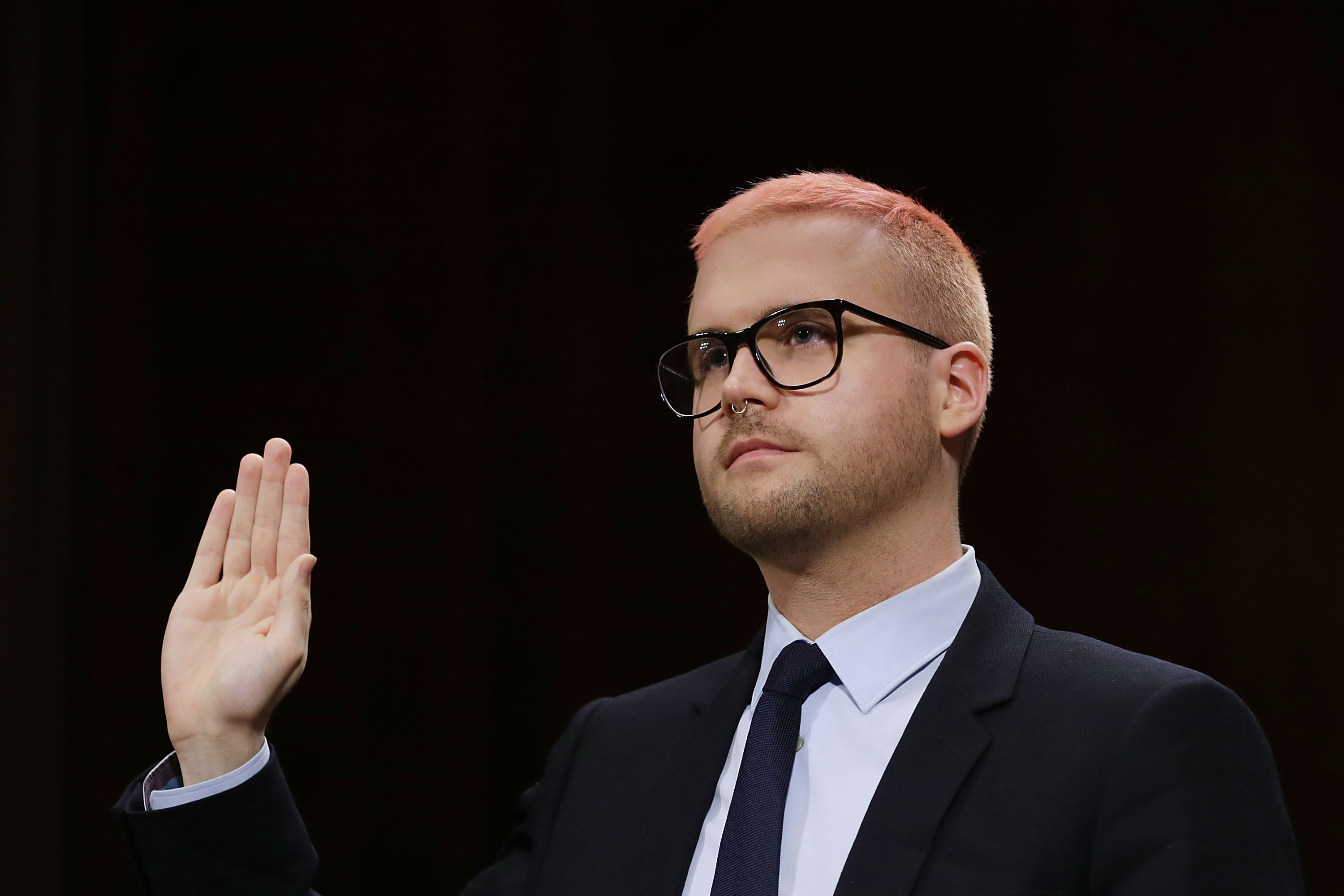 Former director of research for Cambridge Analytica Christopher Wylie is sworn in before testifying to the Senate Judiciary Committee on May 16, 2018, in Washington, D.C. (Credit: Chip Somodevilla/Getty Images)