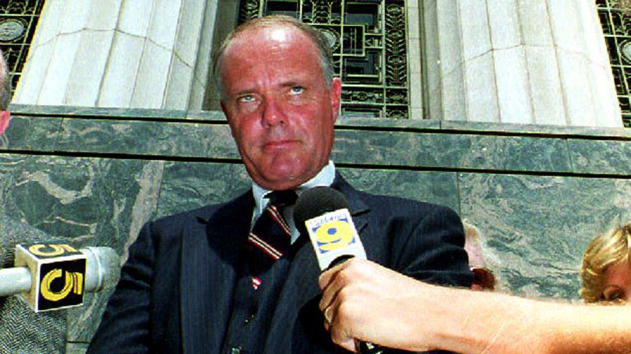 Los Angeles Police Sgt. Stacey Koon declines to answer questions from the media on Aug. 6, 1992, after a bail and custody hearing in U.S. District Court in Los Angeles. (Credit: Vince Bucci / AFP / Getty Images)