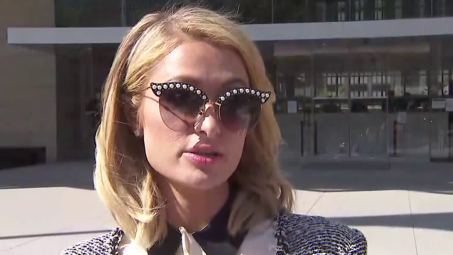 Paris Hilton speaks to KTLA on May 7, 2018 outside a courthouse in downtown Los Angeles. (Credit: KTLA)