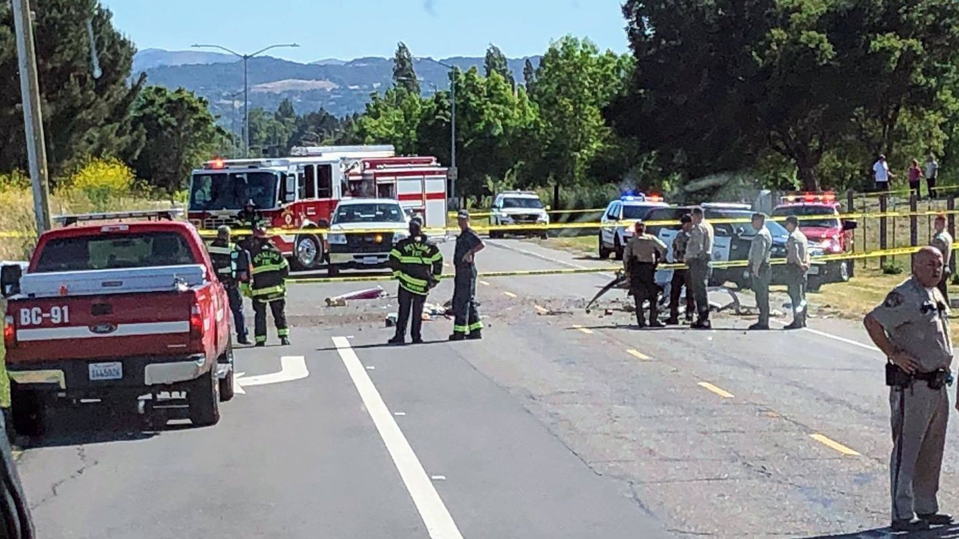 Authorities investigate a plane crash in Petaluma that left two people dead on May 27, 2018. (Credit: Rancho Adobe Firefighters via the Los Angeles Times)