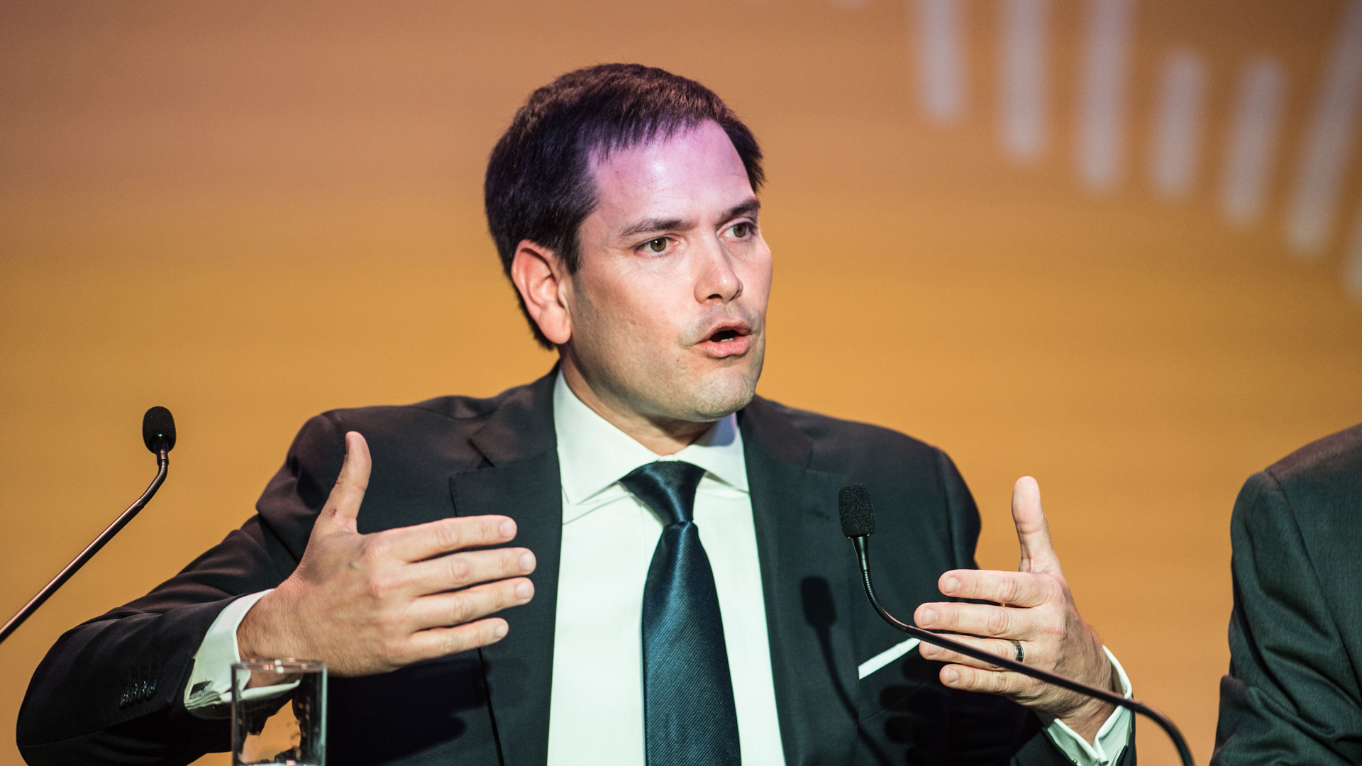 Sen. Marco Rubio, R- Florida, speaks during a press conference at the Eighth Americas Summit in Lima, on April 14, 2018. (Credit: ERNESTO BENAVIDES/AFP/Getty Images)