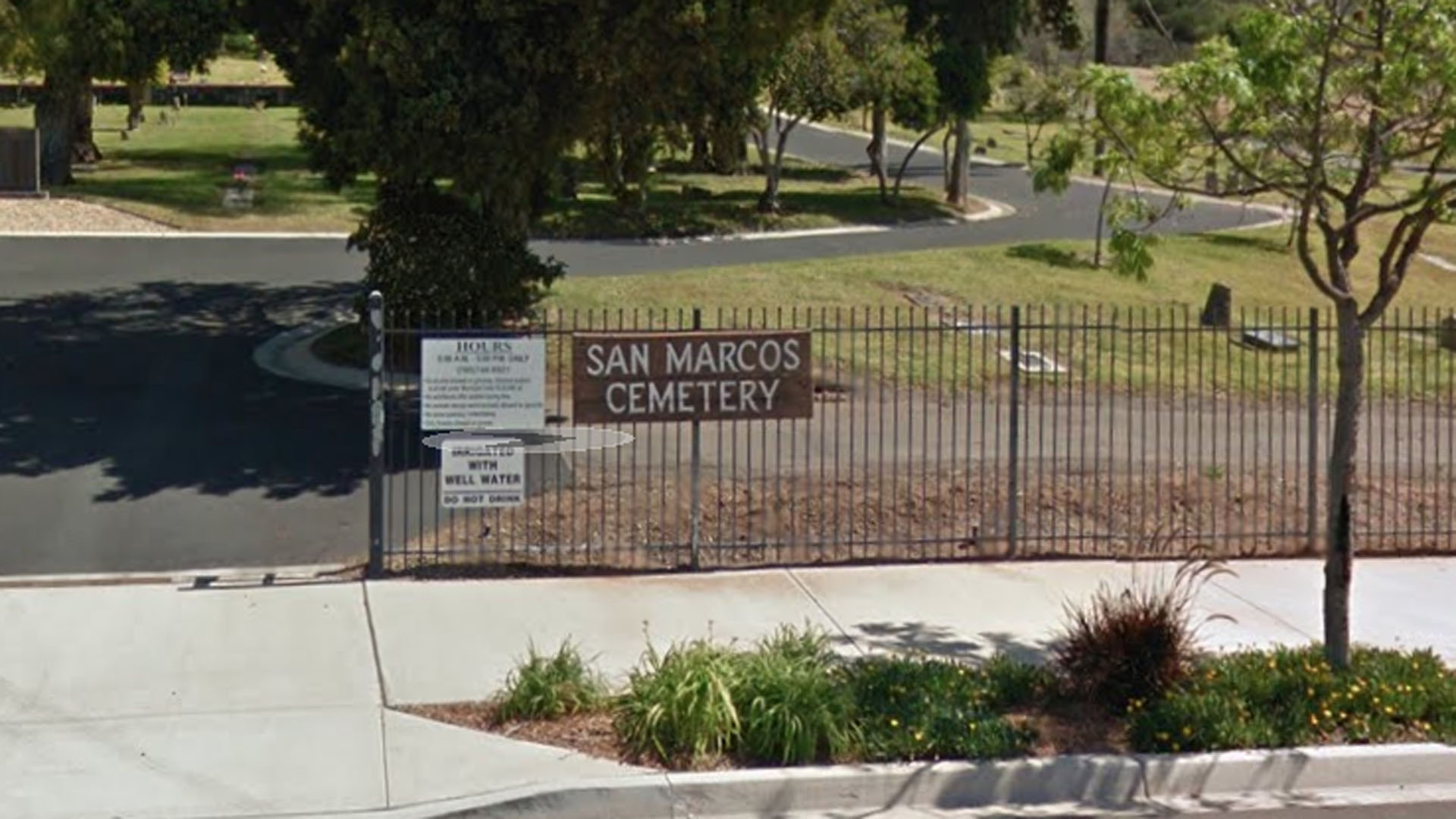 A Google Maps image shows the entrance to San Marcos Cemetery.