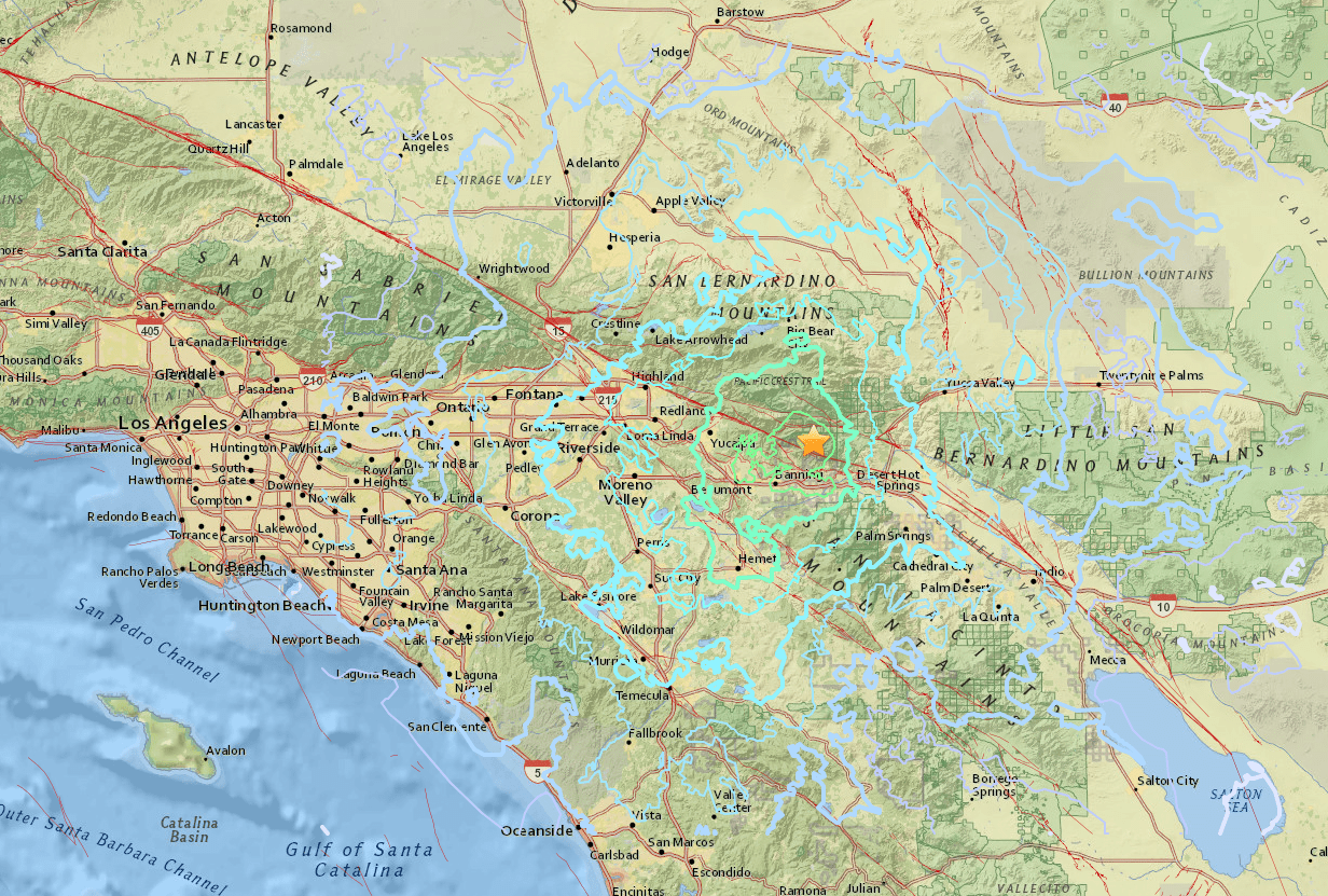 A USGS map shows the location of a magnitude 4.5 earthquake that struck north of Cabazon on May 8, 2018.