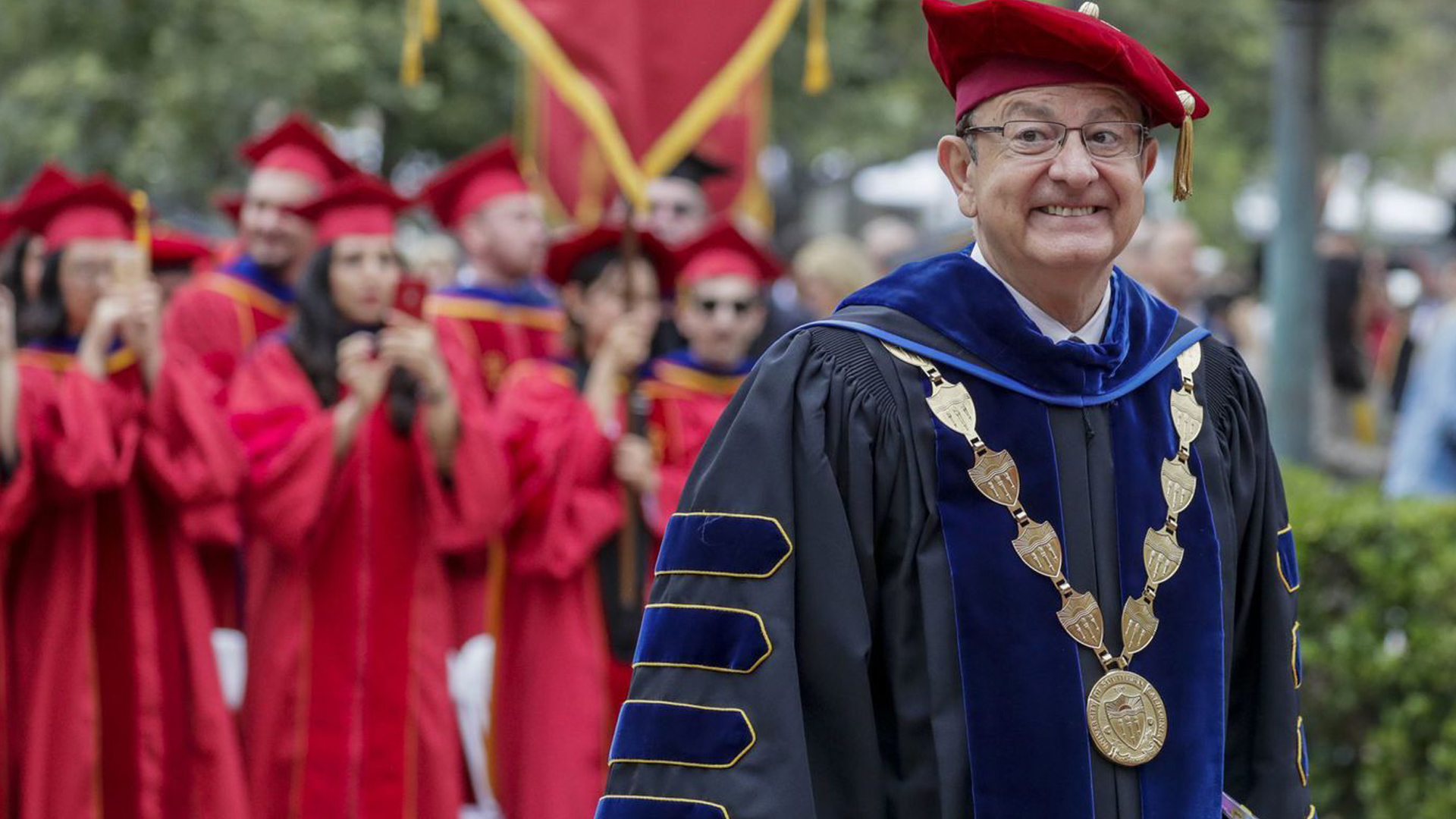 USC President C.L. Max Nikias is seen at a commencement ceremony on campus on May 11, 2018. (Credit: Irfan Khan / Los Angeles Times)