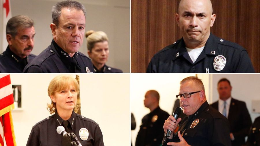 The list of candidates to be the new LAPD chief include: clockwise from top left, Assistant Chief Michel Moore, Deputy Chief Robert Arcos, Deputy Chief Phil Tingirides and former Assistant Chief Sandy Jo MacArthur. (Credit: Los Angeles Times)