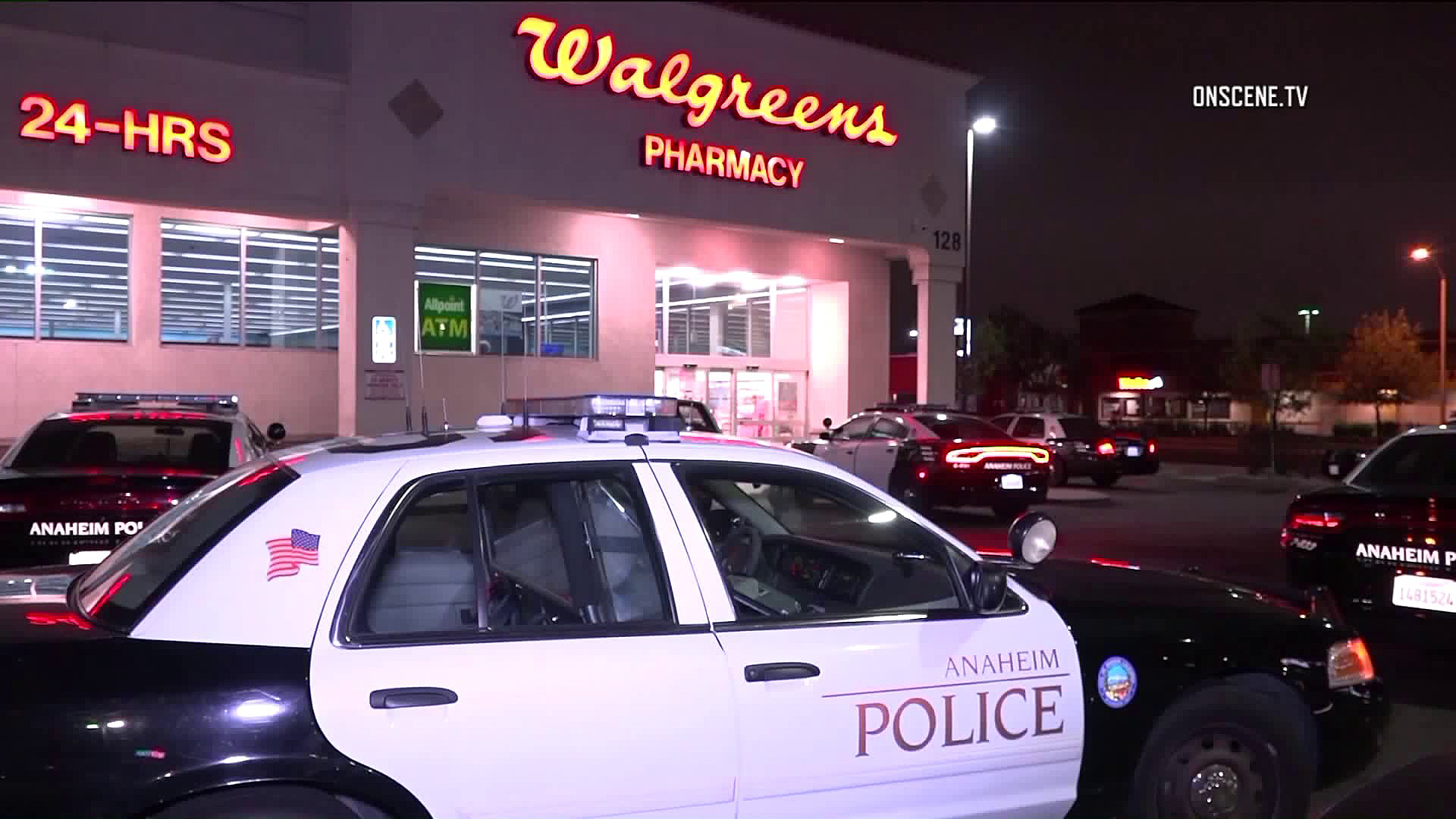 Police investigate an armed robbery at a Walgreens in Anaheim on May 11, 2018. (Credit: OnScene.TV)