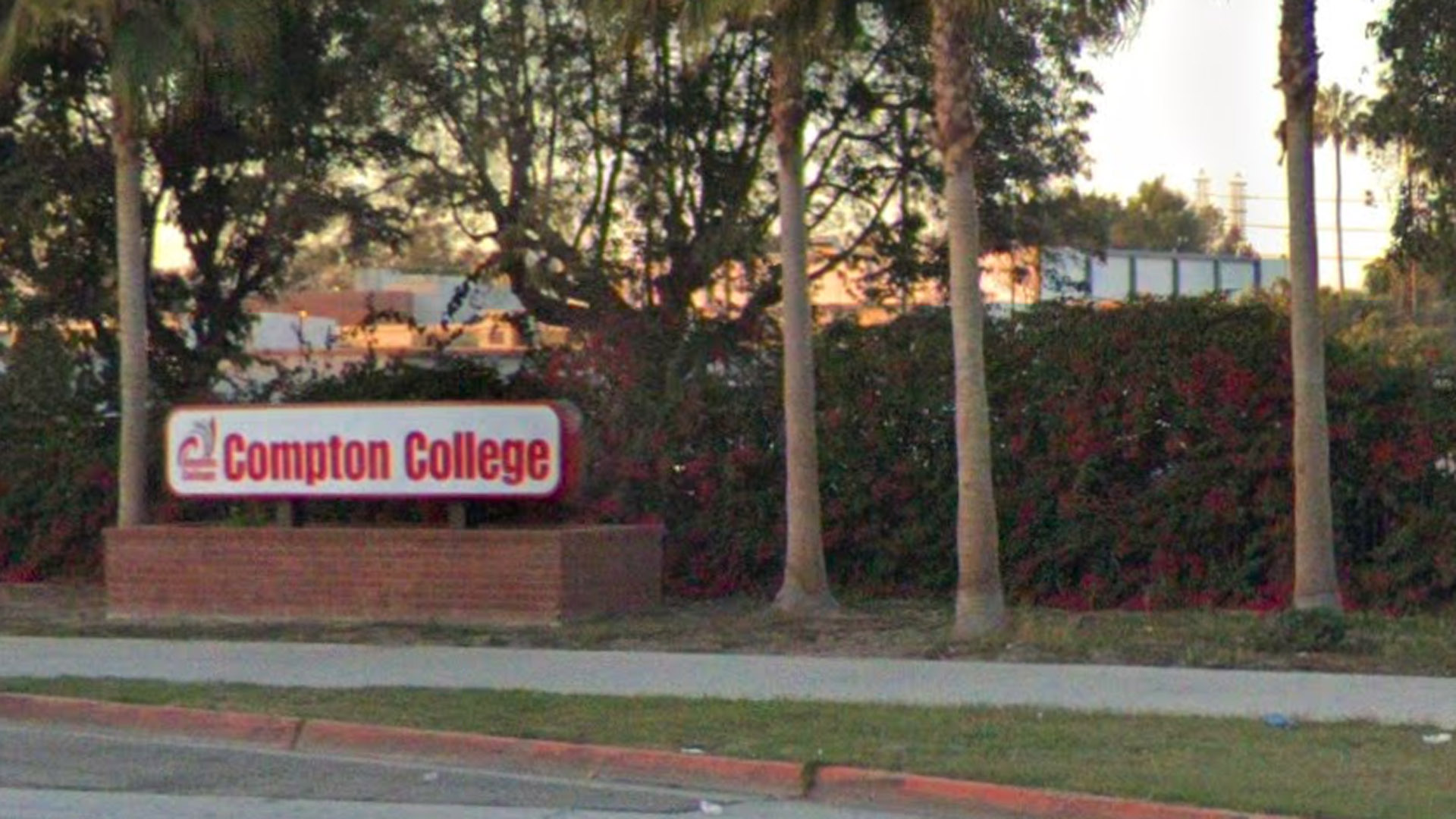 An Google Maps image shows a sign for Compton College in Compton.