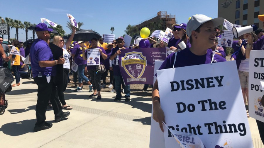 Disneyland workers protest and call for better wages on June 14, 2018. (Credit: Chip Yost/KTLA)