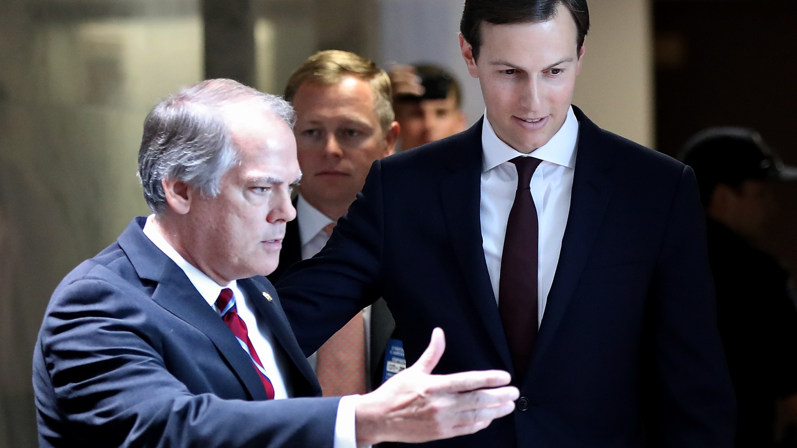 James Wolfe, left, is seen with Jared Kushner after a Senate Select Committee on Intelligence meeting on July 24, 2017 in Washington, D.C. (Credit: Win McNamee/Getty Images)