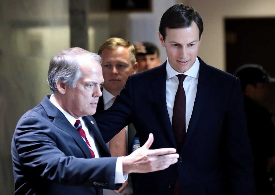 James Wolfe, left, is seen with Jared Kushner after a Senate Select Committee on Intelligence meeting on July 24, 2017 in Washington, D.C. (Credit: Win McNamee/Getty Images)