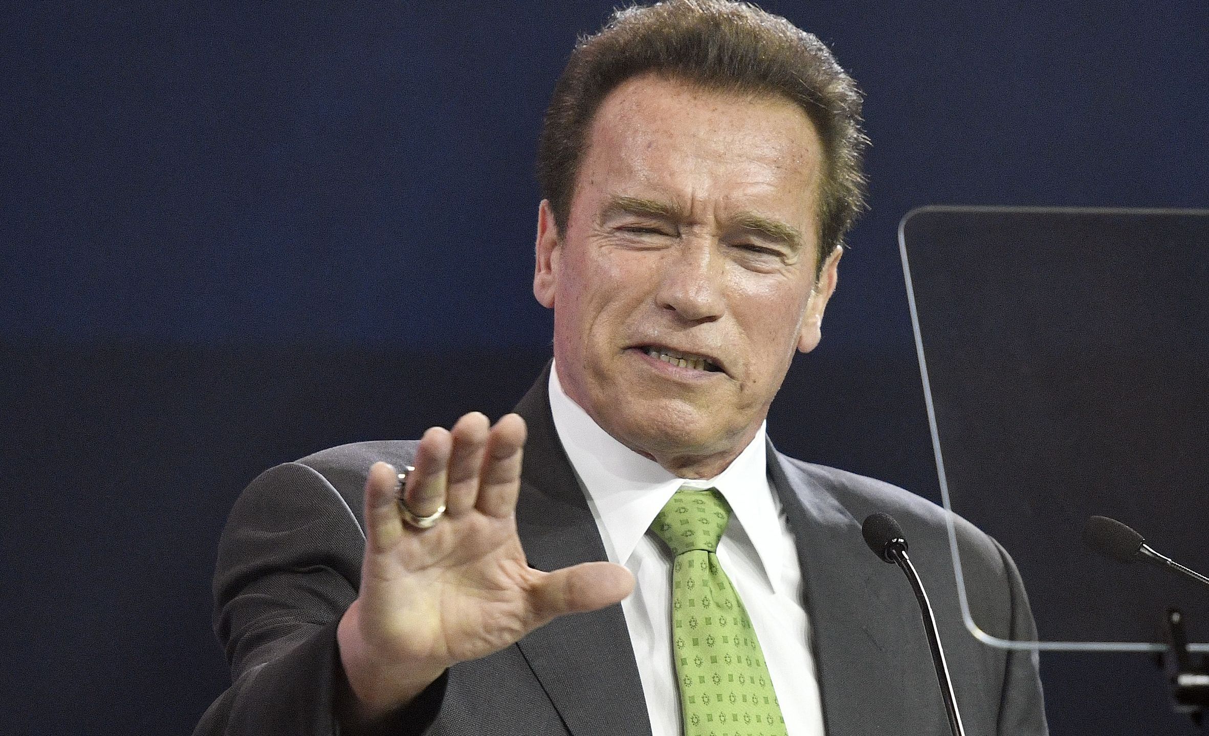 Arnold Schwarzenegger delivers a speech during the "R20 Austrian World Summit" on climate change in Vienna, Austria on May 15, 2018. (Credit: HANS PUNZ/AFP/Getty Images)