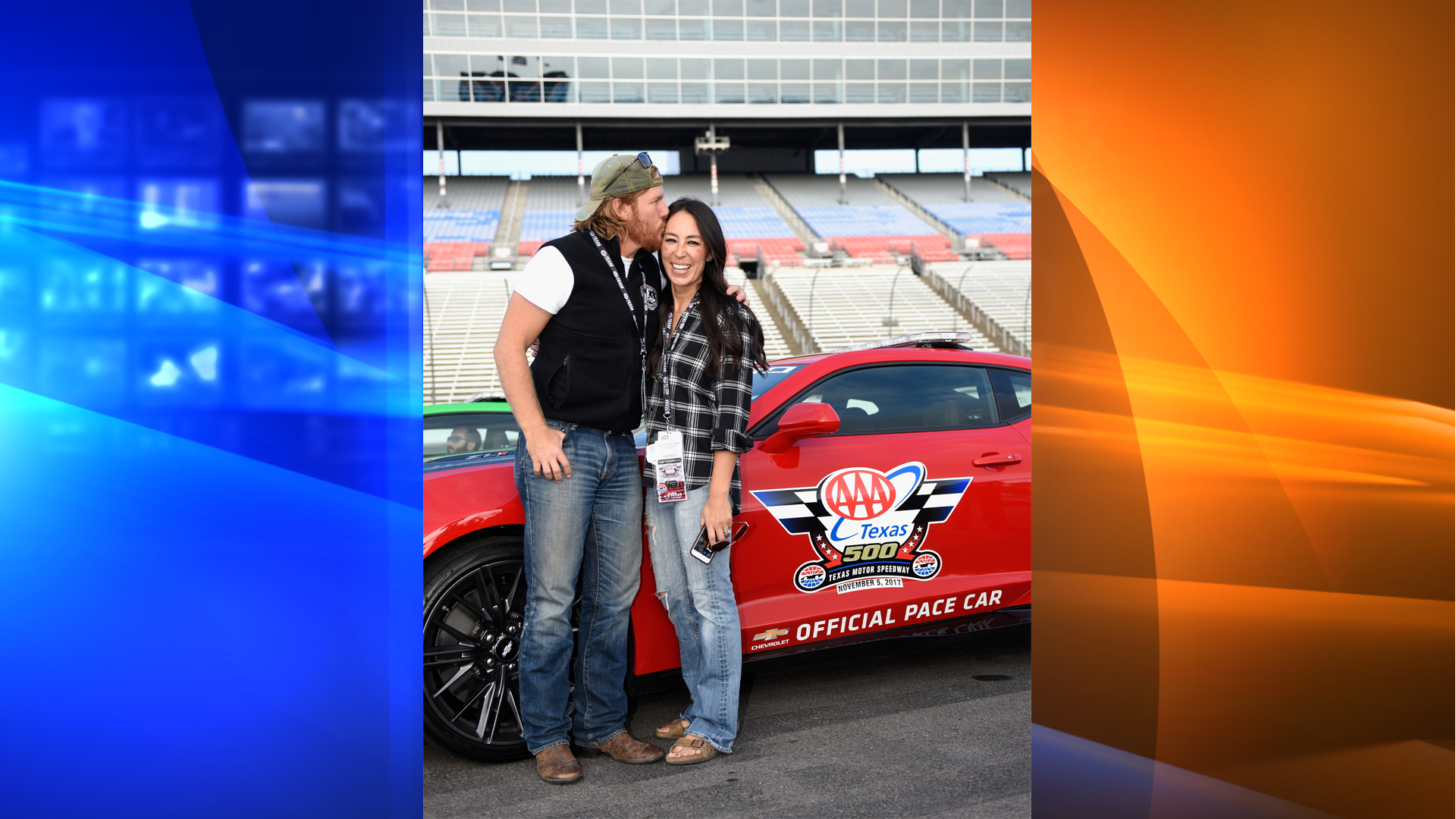 'Fixer Upper' stars Chip and Joanna Gaines pose with the Monster Energy NASCAR Cup Series AAA Texas 500 pace car at Texas Motor Speedway on November 5, 2017, in Fort Worth, Texas. (Credit: Jared C. Tilton/Getty Images)