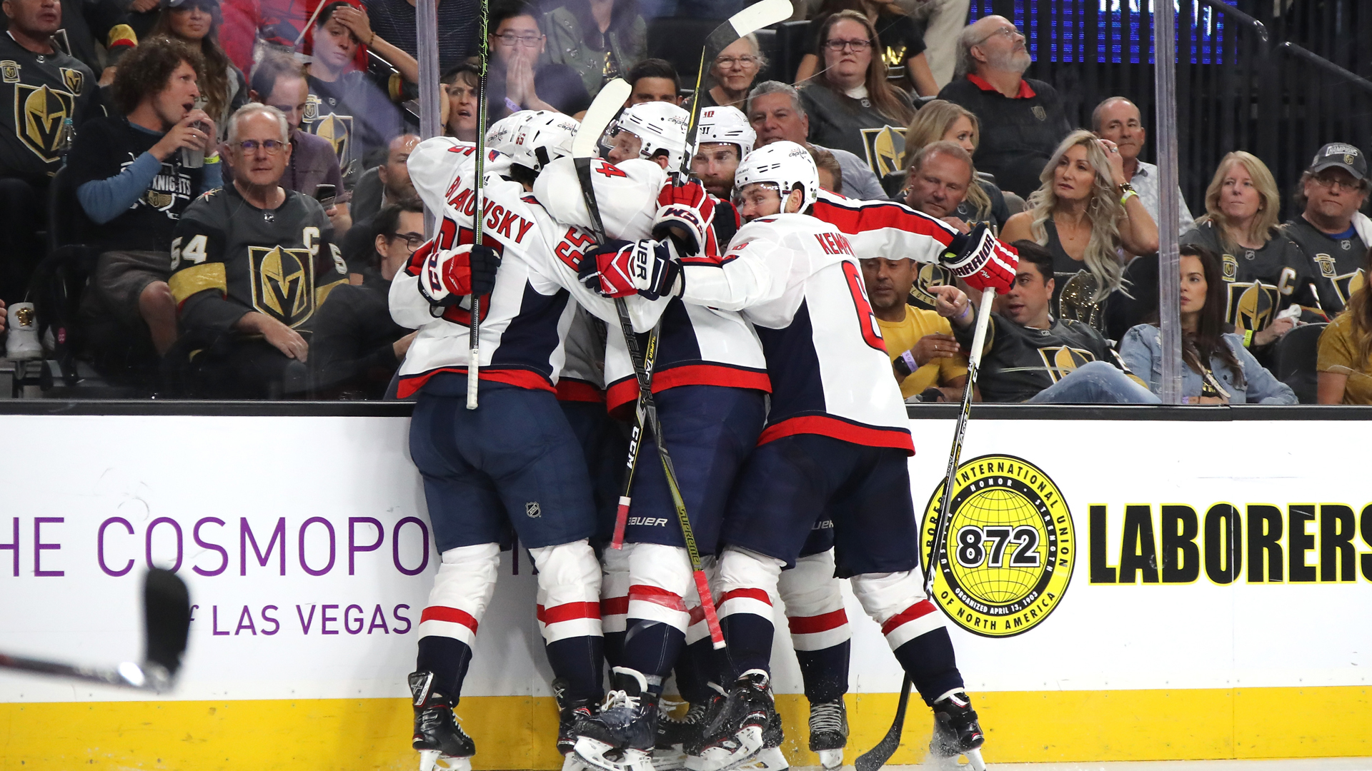 Lars Eller of the Washington Capitals is congratulated by his teammates after scoring a goal against the Vegas Golden Knights in Game Five of the 2018 NHL Stanley Cup Final at T-Mobile Arena in Las Vegas on June 7, 2018. (Photo by Bruce Bennett/Getty Images)