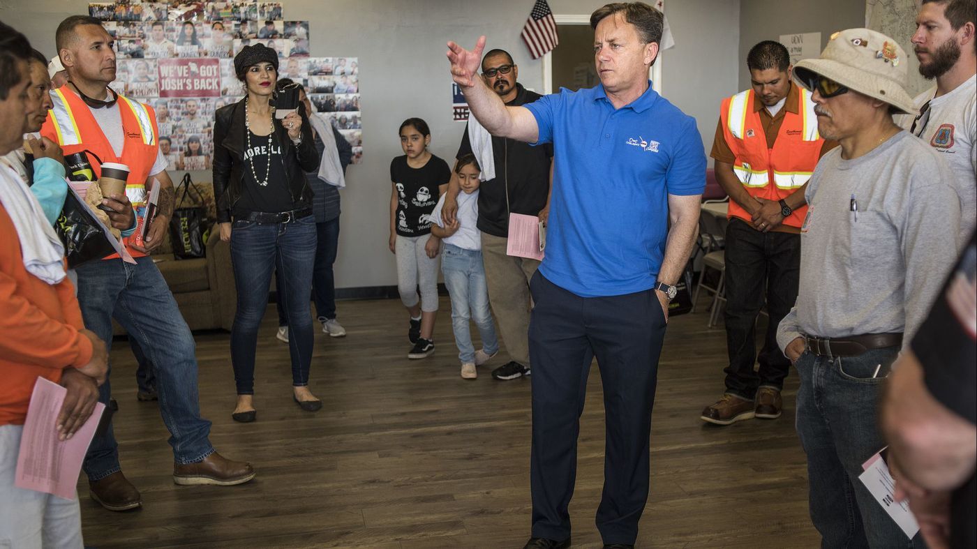 State Sen. Josh Newman speaks to his supporters on May 5, 2018. (Credit: Nick Agro/Los Angeles times)