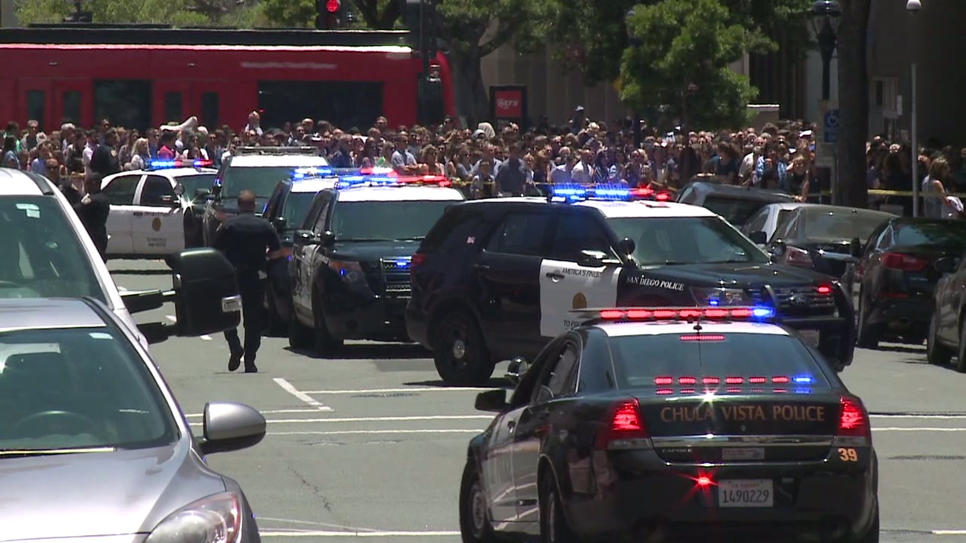 Authorities respond to the scene of a marathon in San Diego where shots fired were reported on June 3, 2018. (Credit: KSWB)