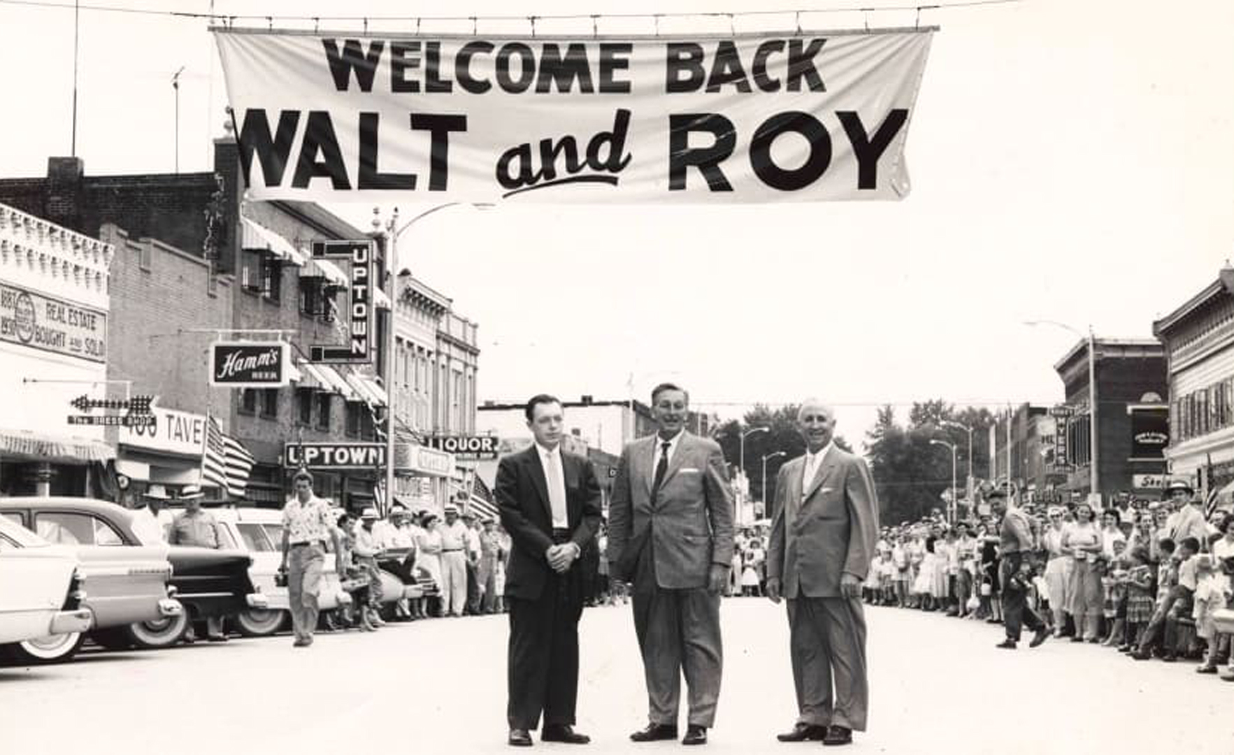 Walt, center, and Roy Disney, right, returned to Marceline in 1956. (Credit: Walt Disney Hometown Museum)