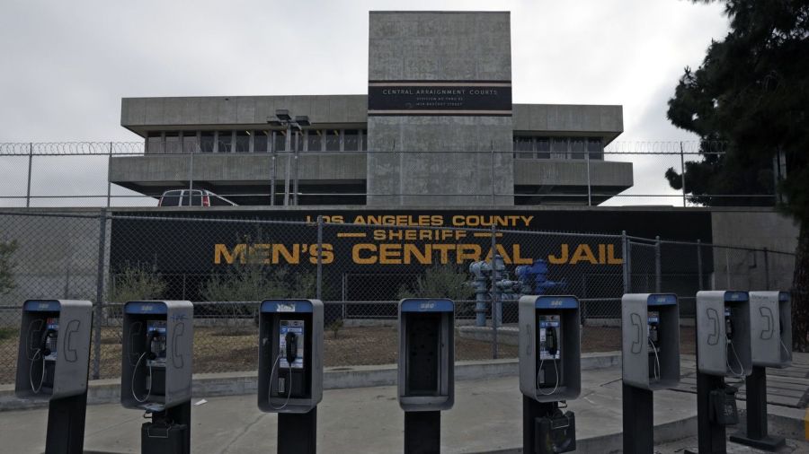 Phone booths line the street near Men's Central Jail in downtown Los Angeles in this undated photo. (Credit: Irfan Khan / Los Angeles Times)