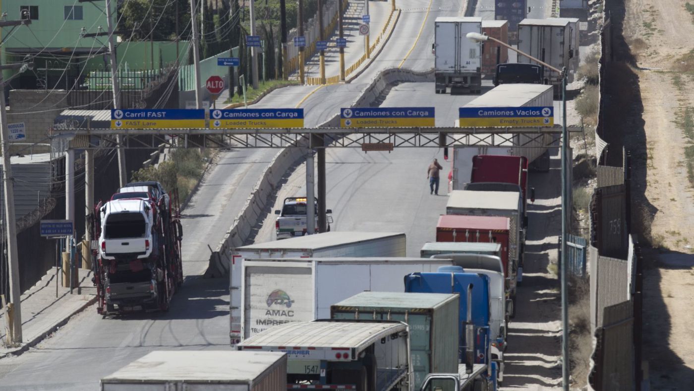 In an undated photo, trucks in Mexico approach the Otay Mesa Port of Entry. (Credit: John Gibbins / San Diego Union-Tribune)