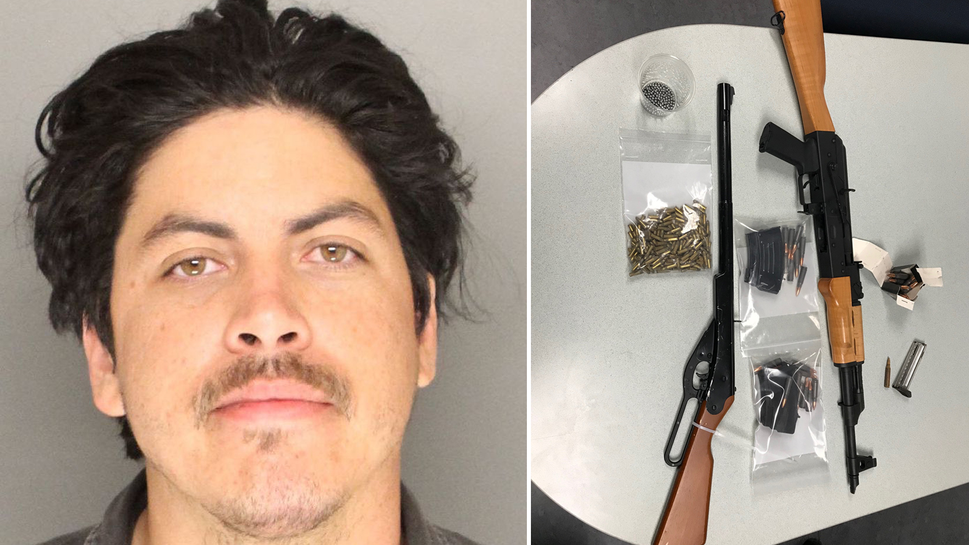 Bertin Pulido is seen in a booking photo provided by the Santa Barbara County Sheriff's Office on June 29, 2018. The agency also provided an image of a BB gun, an assault rifle and ammunition they said were associated with Pulido.