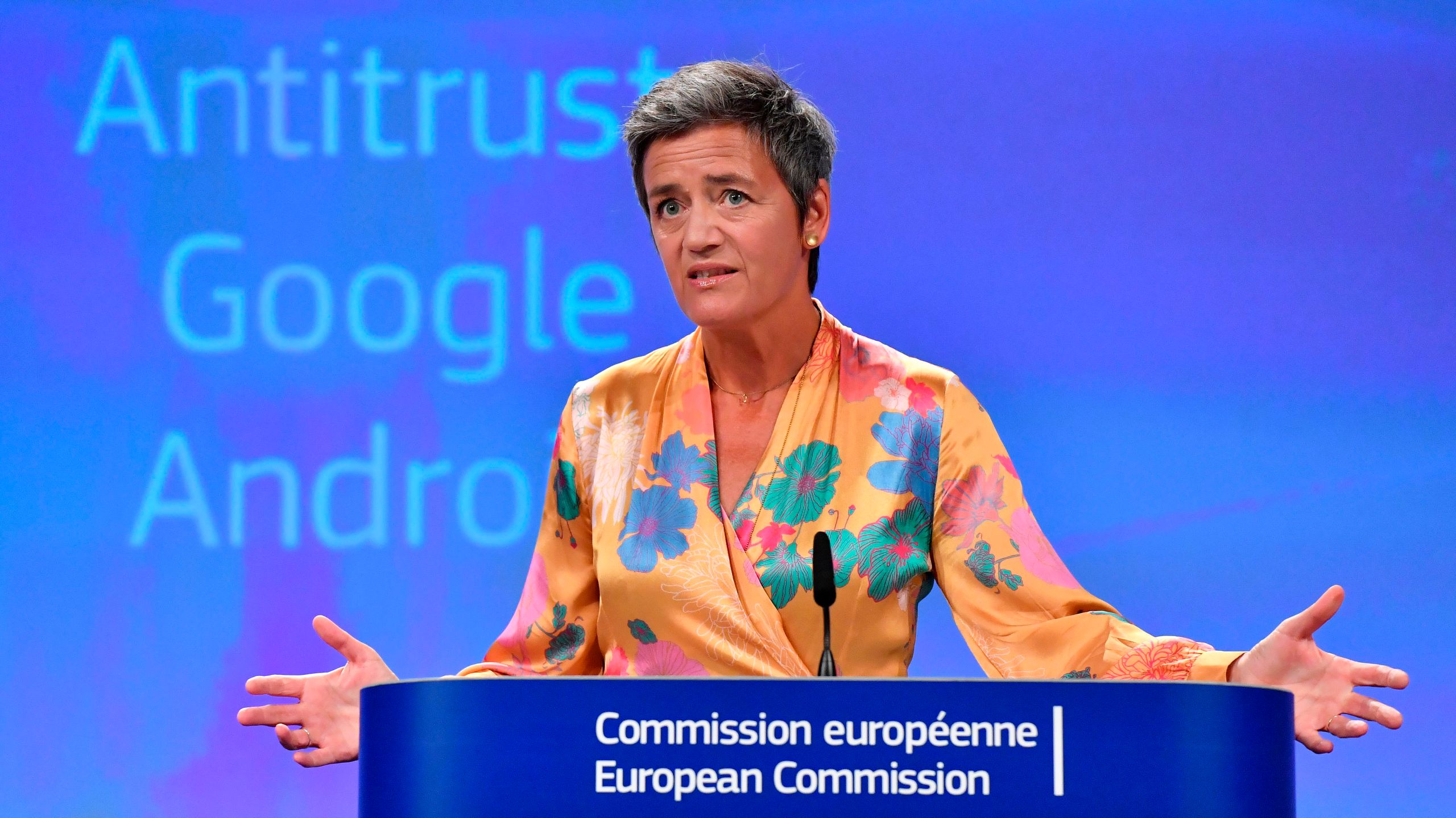 European Union Competition Commissioner Margrethe Vestager gives a joint press at the EU headquarters in Brussels on July 18, 2018. (Credit: John Thys/ AFP)