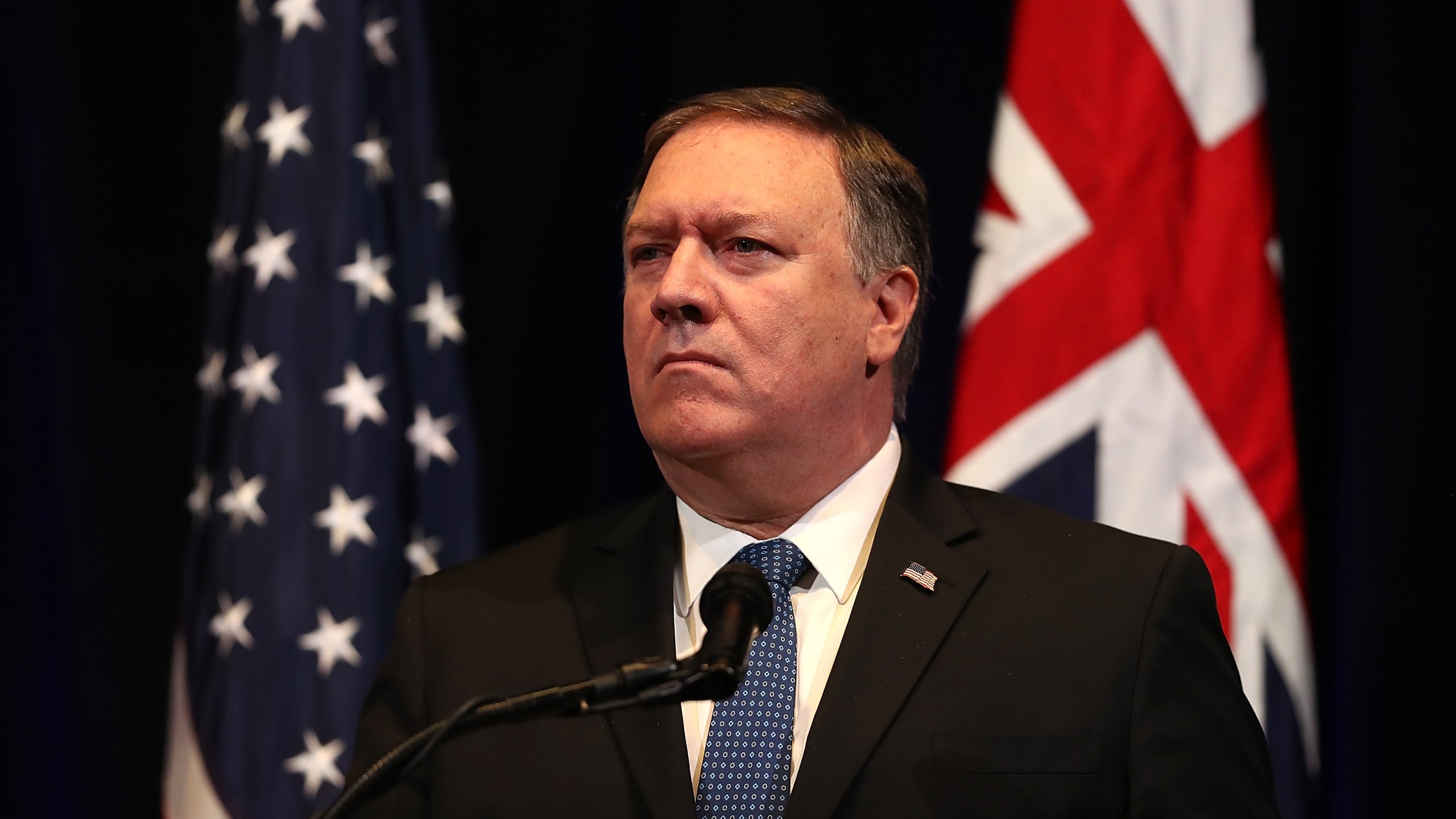 U.S. Secretary of State Mike Pompeo looks on during a press conference at the Australia-U.S. Ministerial Consultations at the Hoover Institution on the campus of Stanford University on July 24, 2018. (Credit: Justin Sullivan/Getty Images)