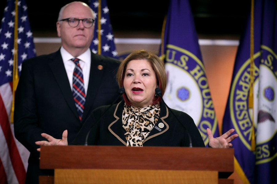 Rep. Linda Sanchez (D-CA) talks with reporters with Rep. Joseph Crowley (D-NY) following a meeting of the House Democratic caucus at the U.S. Capitol January 31, 2018, in Washington, D.C. (Credit: Chip Somodevilla/Getty Images)