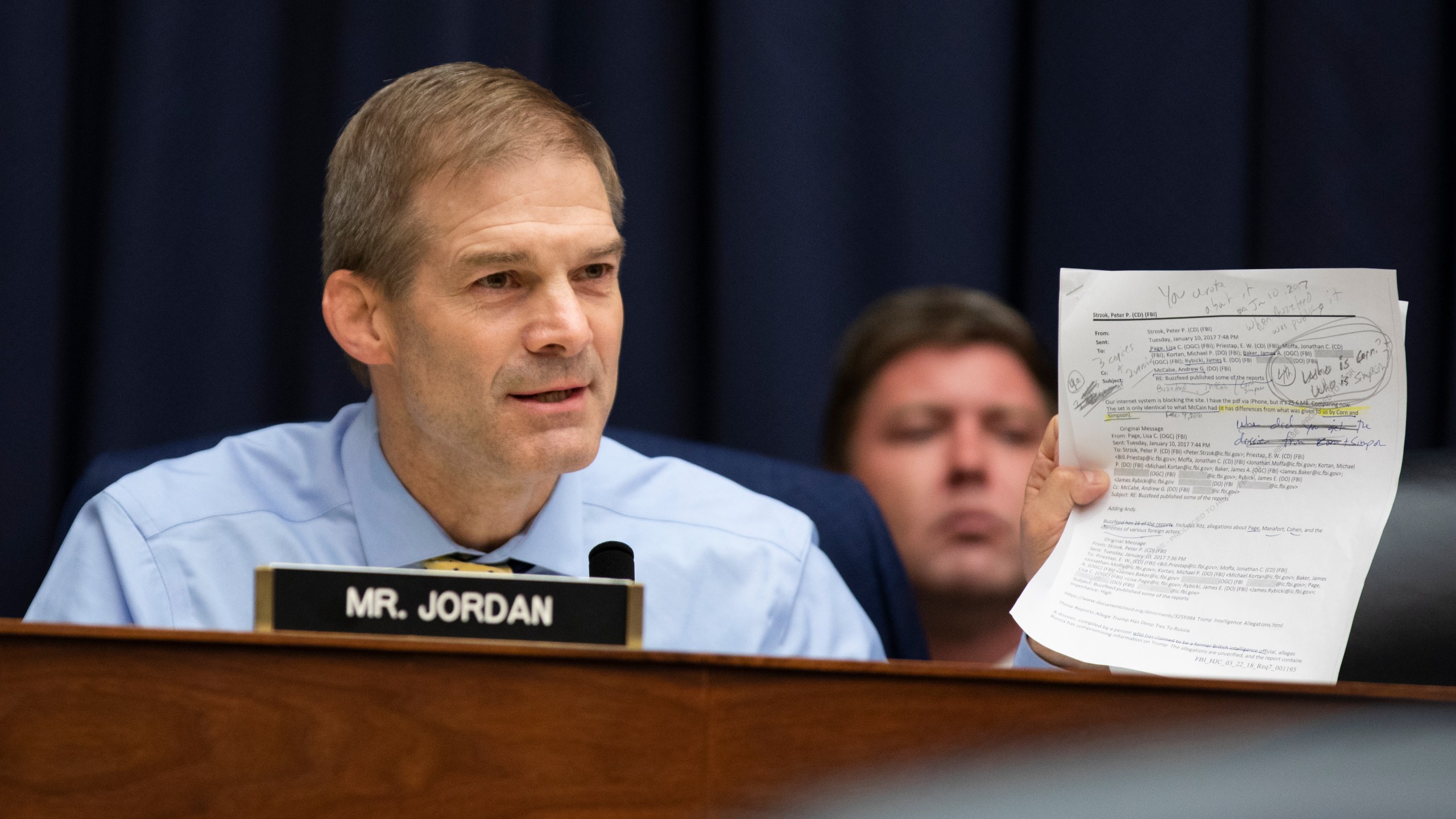 Rep. Jim Jordan (R-OH) asks Deputy Assistant FBI Director Peter Strzok a question on July 12, 2018 in Washington, DC. (Credit: Alex Edelman/Getty Images)