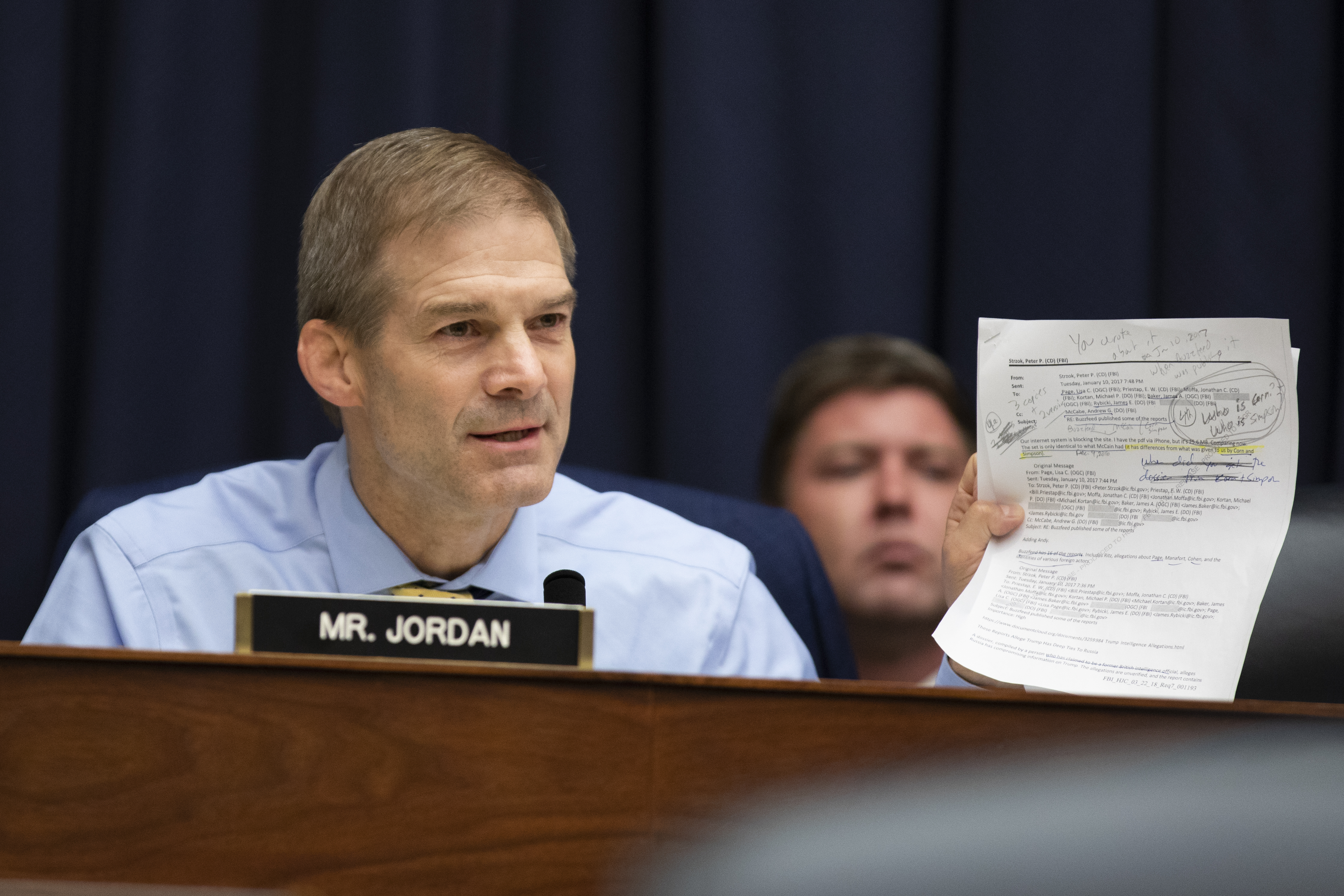 Rep. Jim Jordan (R-OH) asks Deputy Assistant FBI Director Peter Strzok a question on July 12, 2018 in Washington, DC. (Credit: Alex Edelman/Getty Images)