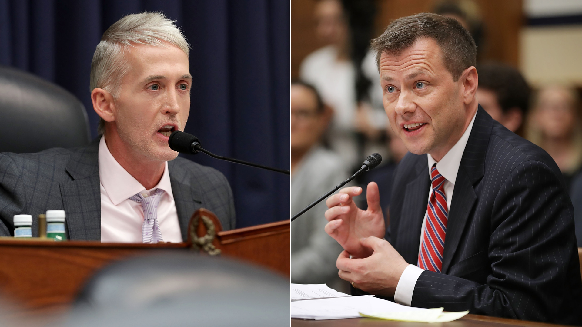 Left, House Oversight and Government Reform Committee Chairman Trey Gowdy (R-SC) questions Deputy Assistant FBI Director Peter Strzok, right, during a joint hearing of his committee and the House Judiciary Committee in the Rayburn House Office Building on Capitol Hill July 12, 2018. (Credit: Chip Somodevilla/Getty Images)