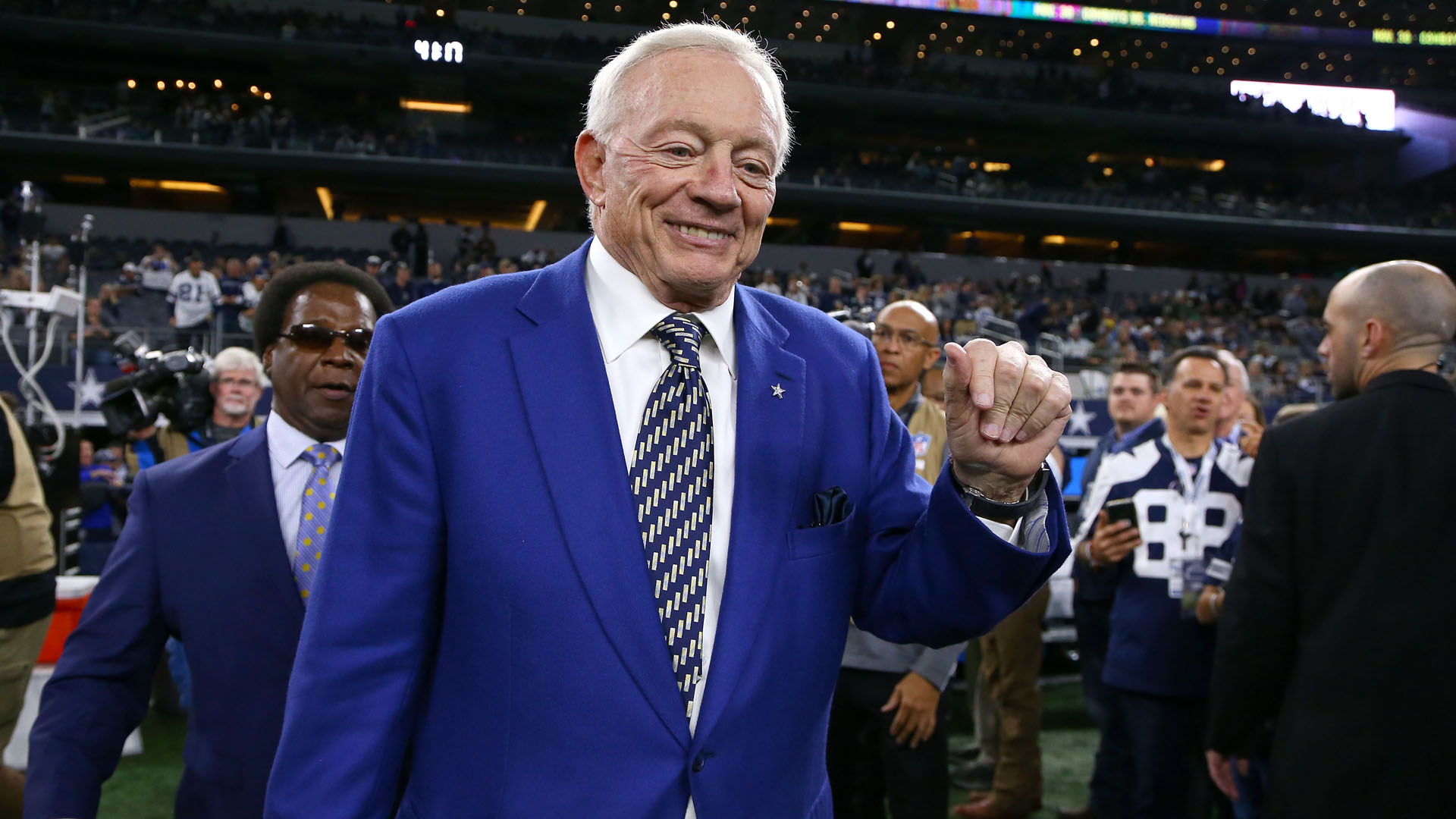 Jerry Jones, owner of the Dallas Cowboys, walks on the field before the game against the Philadelphia Eagles at AT&T Stadium on November 19, 2017 in Arlington, Texas. (Credit: Tom Pennington/Getty Images)