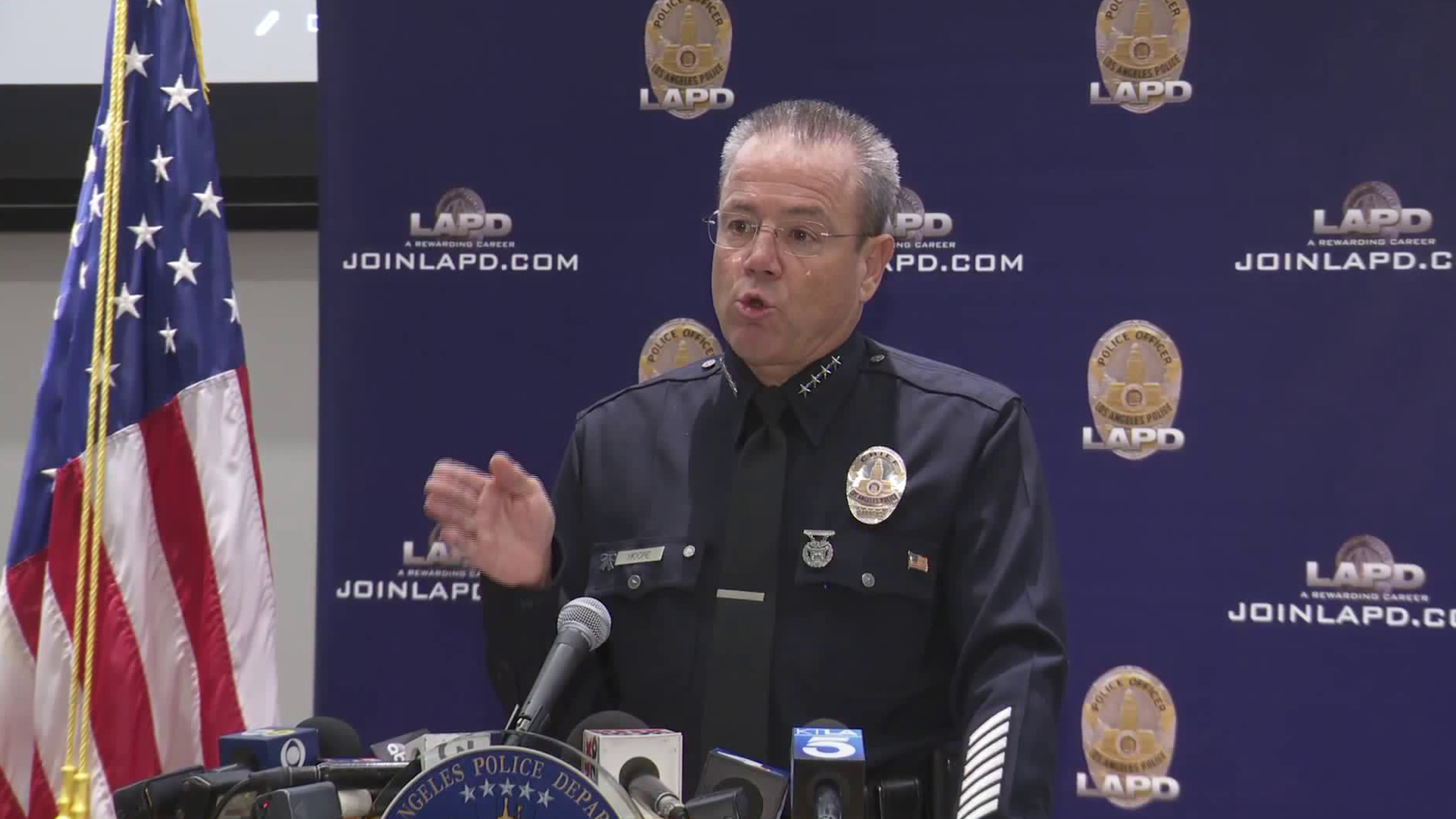 LAPD Chief Michel Moore discusses details of the Silver Lake Trader Joe's shooting on July 24, 2018. (Credit: KTLA)