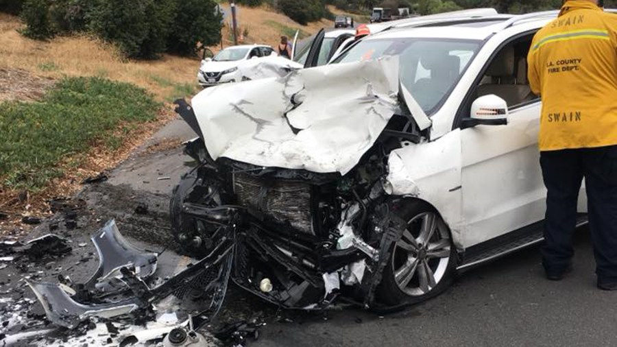 A stolen vehicle is seen after it was involved in a head-on collision in Palos Verdes Estates on July 18, 2018. (Credit: Palos Verdes Estates Police Department)