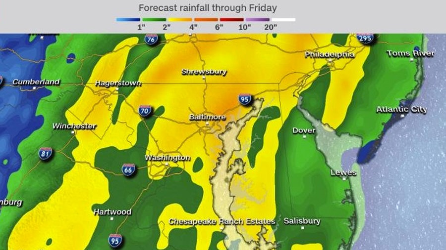 Forecast rainfall through Friday is seen in an image provided by CNN.