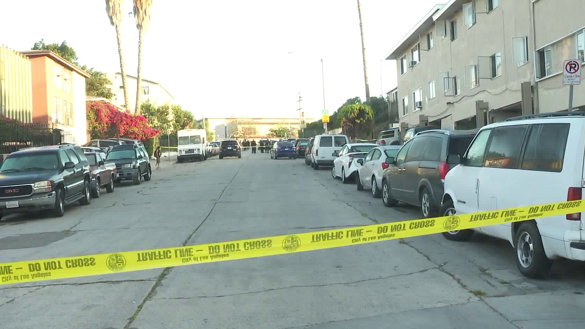 Crime scene tape is seen at the site of a fatal shooting in Westlake on July 5, 2018. (Credit: KTLA)