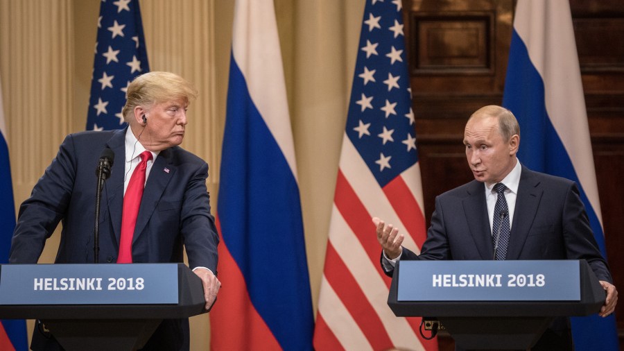 President Donald Trump and Russian President Vladimir Putin answer questions about the 2016 U.S Election collusion during a joint press conference after their summit on July 16, 2018 in Helsinki, Finland. (Credit: Chris McGrath/Getty Images)