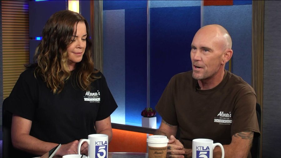 Alana's Coffee Roasters Founders Eric Stogsdill and Erin Ward appear on KTLA's 5 Live on Aug. 27, 2018.