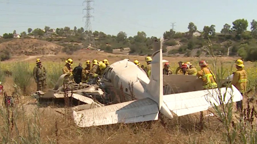 The scene of a deadly plane crash in Sylmar on August 12, 2018, is seen here. (Credit: RMGNews)