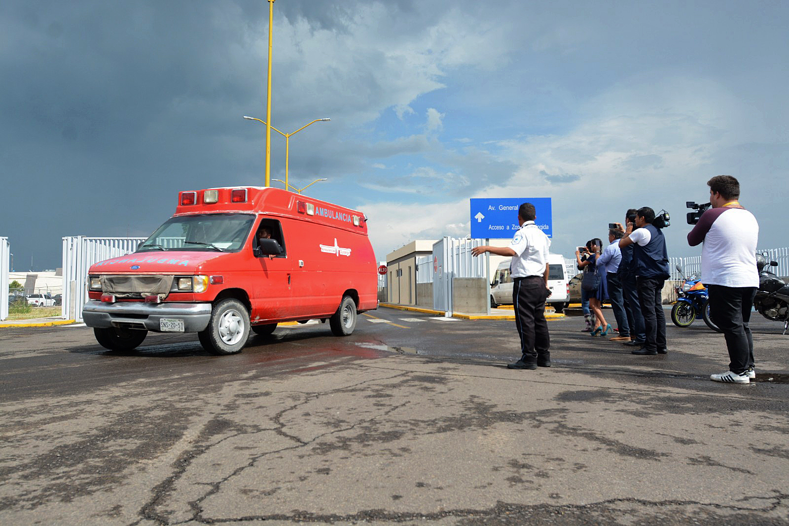 An ambulance is seen at the airport of Durango, in northern Mexico, after a plane crashed during take off on July 31, 2018. (Credit: LULU MURILLO/AFP/Getty Images)