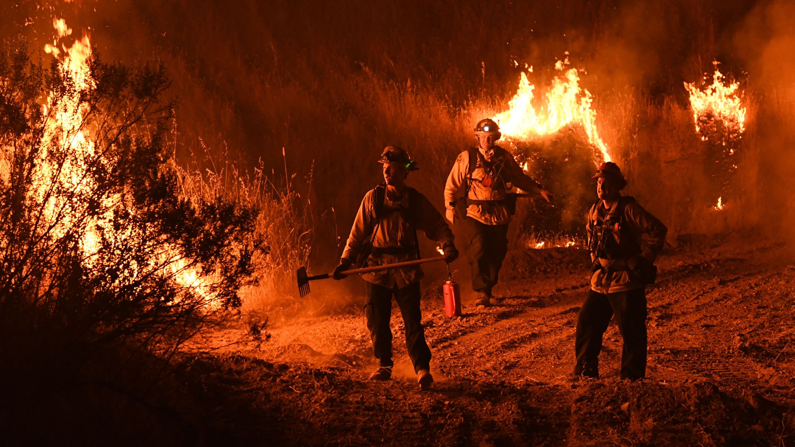 Firefighters conduct a controlled burn to defend houses against flames from the Ranch Fire, part of the Mendocino Complex Fire, as it continues to spreads toward the town of Upper Lake on Aug. 2, 2018. (Credit: Mark Ralston / AFP / Getty Images)