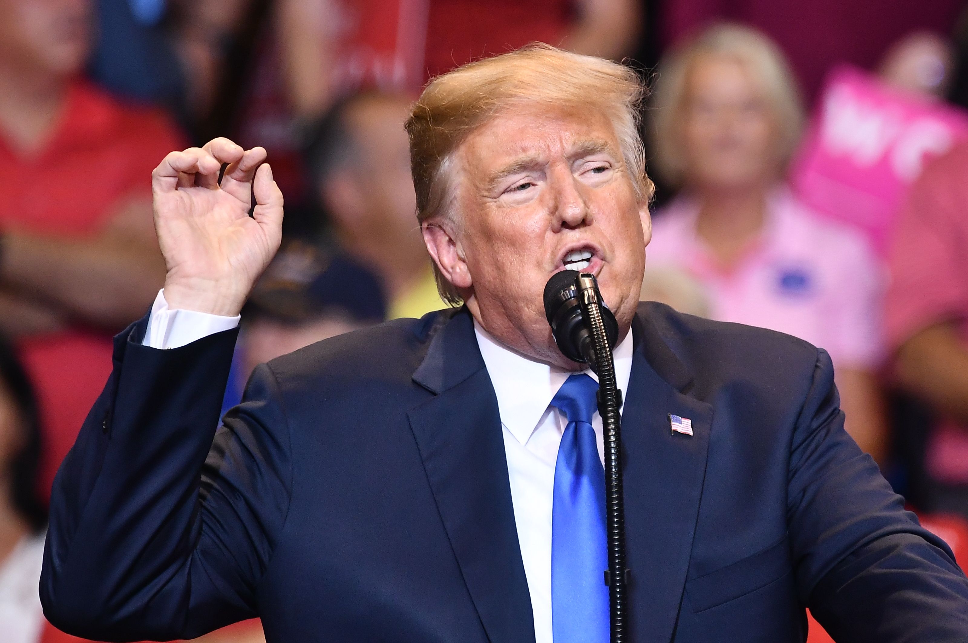 US President Donald Trump speaks at a political rally at Mohegan Sun Arena in Wilkes-Barre, Pennsylvania on August 2, 2018. (Credit: MANDEL NGAN/AFP/Getty Images)