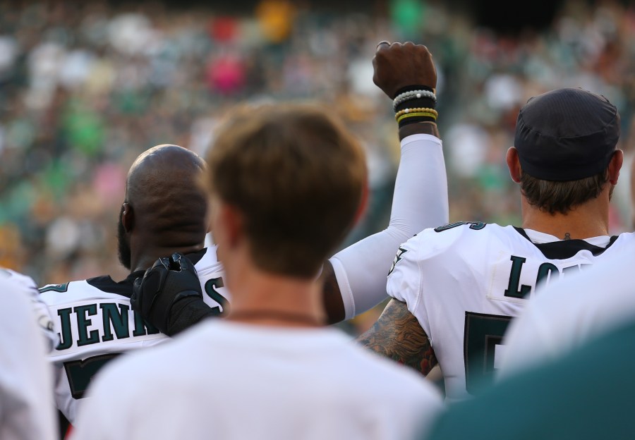 Malcolm Jenkins #27 of the Philadelphia Eagles raises his fist during the national anthem prior to the preseason game against the Pittsburgh Steelers on August 9, 2018 in Philadelphia, Pennsylvania. (Credit: Mitchell Leff/Getty Images)