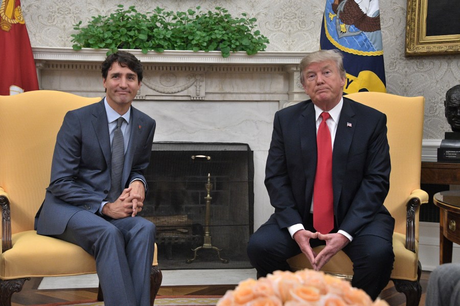 Donald Trump and Justin Trudeau look on during their meeting at the White House in Washington, D.C, on Oct. 11, 2017. (Credit: JIM WATSON/AFP/Getty Images)