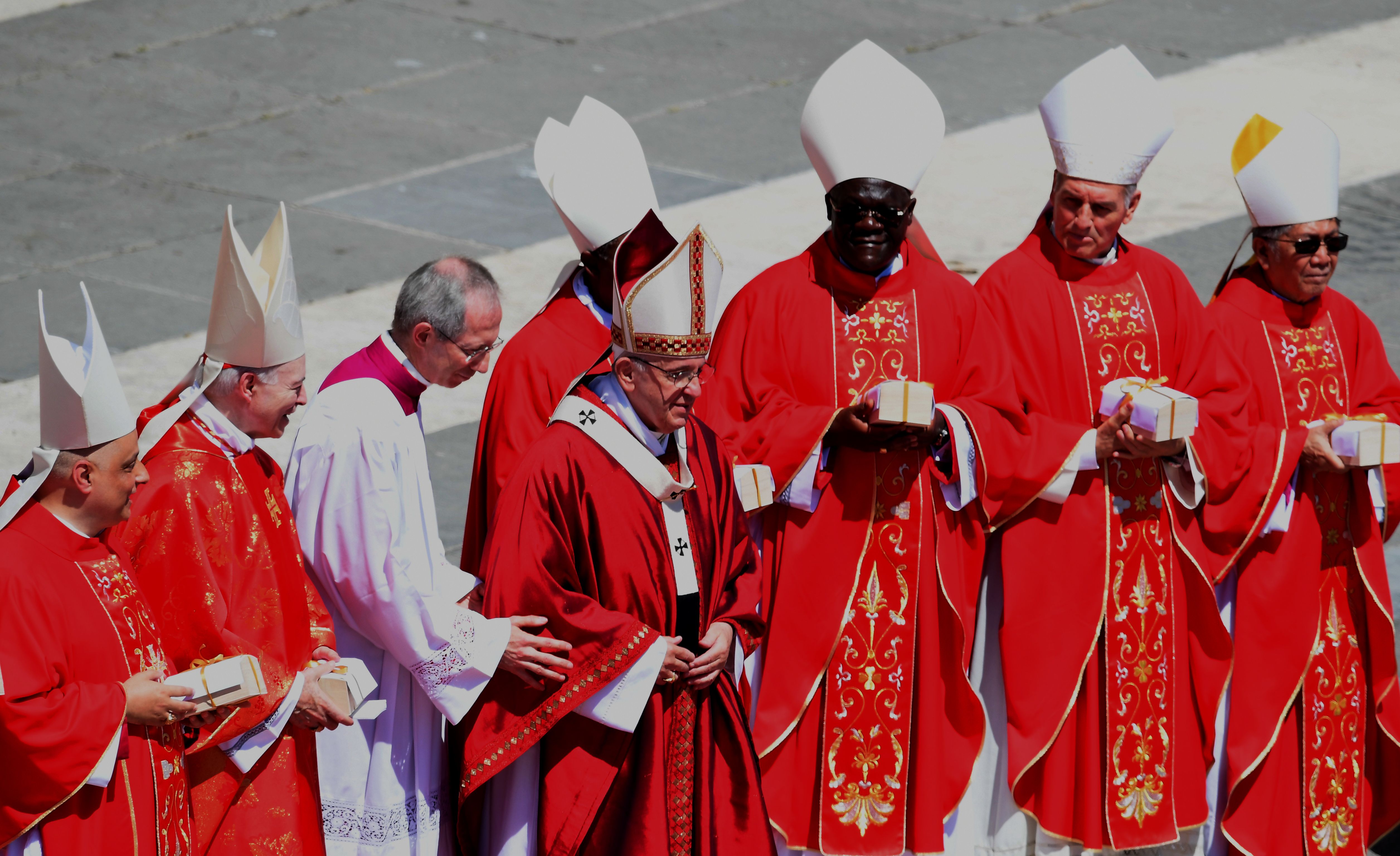 Pope Francis speaks with new Cardinals during the solemn mass to celebrate the feast of Saint Peter and Saint Paul on June 29, 2018, in Saint Peter's square at the Vatican. (Credit: TIZIANA FABI/AFP/Getty Images)